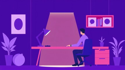 Fototapete - A man working on a desk in a room at night