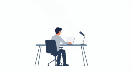 Poster - A man is working at a desk on a laptop, viewed from behind. The scene is simple and modern.