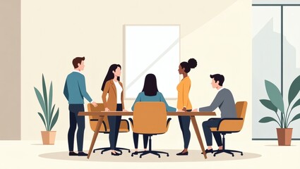 Poster - a group of diverse business people gathered around a table in an office setting. They are in a meeting and discussing a new project