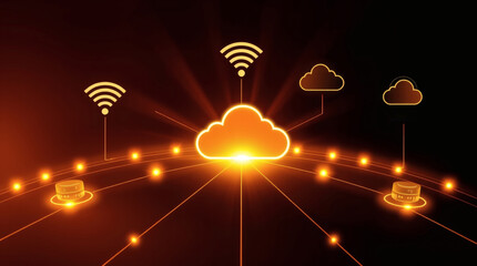 Poster - abstract representation of cloud computing and wireless technology with a network. The central element is a glowing cloud with radiating lines connecting to different data points and wifi icons
