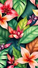 Poster - a vibrant floral arrangement composed of colorful flowers and lush green leaves creating a tropical pattern