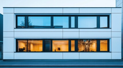 Poster - A contemporary building features expansive windows revealing warm, inviting interior lighting as dusk settles in an urban neighborhood. The sleek lines and vibrant glow create a tranquil atmosphere