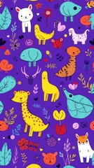 Poster - a collection of various adorable cartoon animals and plants. The seamless pattern features charming illustrations set against a colorful backdrop