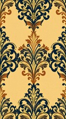 Poster - a detailed decorative pattern with floral and ornamental designs with repeating shape and textures. The color palette includes yellow, blue, and brown shades. The artwork has a classical vintage look.