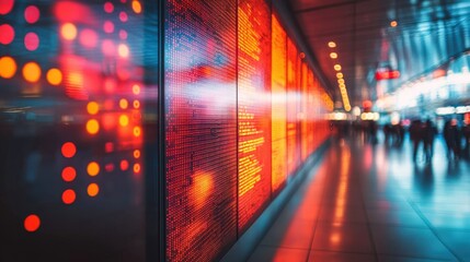 Poster - Vibrant illuminated wall displaying digital information in a bustling urban transit station