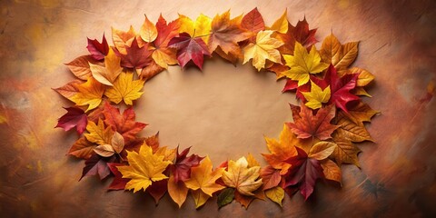 Poster - A vibrant fall leaf wreath on a warm brown background, creating a circular space for a message or design.