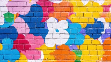 Poster - Vibrant mural with colorful abstract shapes on a brick wall, brightening the urban environment