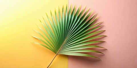 Aufkleber - A vibrant green palm frond graces a backdrop of soft pastel hues, creating a minimalist and elegant composition that evokes a sense of tropical serenity.