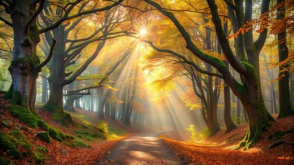 Poster - Golden sunlight beams through a canopy of autumn leaves, illuminating the path ahead in a mystical forest scene