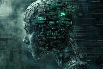 Poster - Futuristic humanoid figure made of circuits and digital components in a dark environment