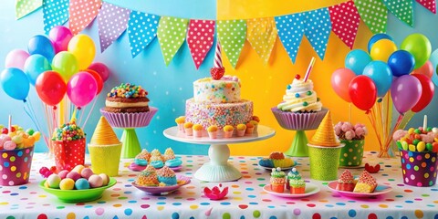 Poster - A colorful and celebratory birthday party table filled with sweet treats, balloons, and decorations.