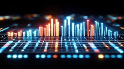 A sharp digital layout featuring glowing blue and orange bar graphs on a dark background.