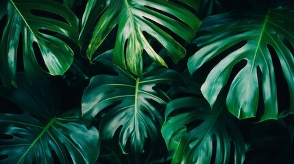 Poster - Lush monstera leaves stretch towards soft light, creating a vibrant atmosphere. The rich green hues evoke a sense of calm, inviting one to explore nature's beauty and tranquility