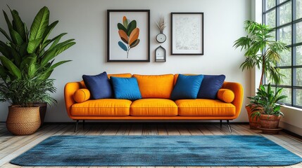 Poster - Vibrant orange sofa with colorful cushions in a bright living room surrounded by plants