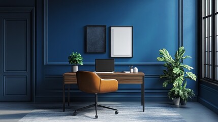 Poster - A well-designed workspace features a sleek wooden desk with a comfortable chair, adorned by lush plants and framed art. The deep blue walls provide a calming backdrop for focus and inspiration