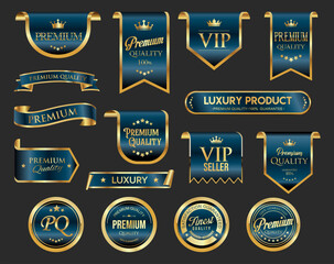 Wall Mural - vip, premium and gold award emblem blue and gold isolated on black background