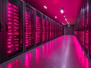 Poster - Vibrant Glowing Data Server Room with Radiant Fiber Optic Cables and Illuminated Hardware