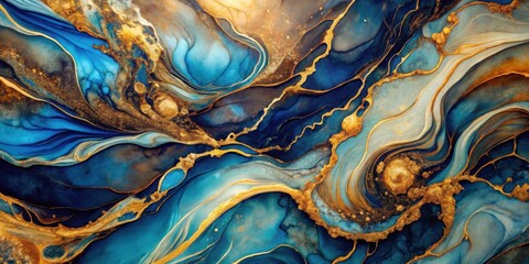 Poster - Abstract Swirling Blue and Gold Ink Art, a Serene and Luxurious Artistic Composition