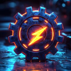 Poster - glowing gear icon with lightning bolt symbolizing efficient modern technology