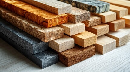 Poster - Variety of wooden planks stacked artistically, showcasing different textures and colors for design use