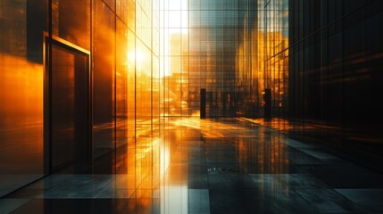 Poster - Sunlight casts golden reflections across modern skyscrapers, filling the urban corridor with warm hues as evening descends. The atmosphere radiates tranquility and beauty