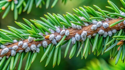 Poster - Close-up of a pine branch with a cluster of small, white, round growths along the branch, with numerous green needles emanating from the branch.
