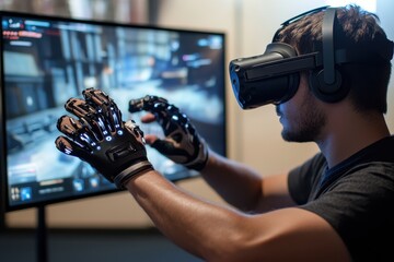 Poster - Engaging in virtual reality gaming with advanced gloves and headset in modern gaming space