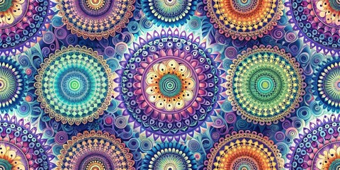 Leinwandbilder - A vibrant pattern of layered and detailed circular designs with swirling floral accents and a rainbow of colors.