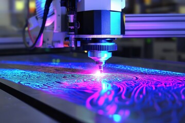 Poster - Laser engraver creating intricate patterns on metal surface in workshop