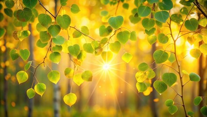 Aufkleber - Golden sunlight filters through a canopy of vibrant green leaves, creating a luminous and captivating scene.