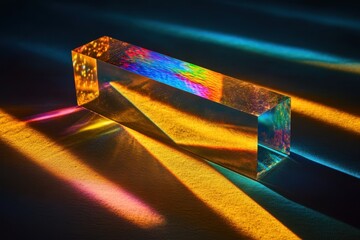 Poster - Light fractures through a transparent prism creating a rainbow of colors on a surface