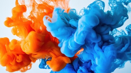 Poster - Vibrant swirls of orange and blue ink merging in water, creating a dynamic abstract background