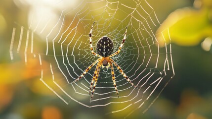 Poster - A close-up of a spider spinning its delicate web in a quiet corner of a garden, with morning dew glistening on the threads.