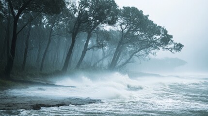 Poster - A close-up of intense rain and wind during a cyclone, with trees bending and waves crashing along the coastline.
