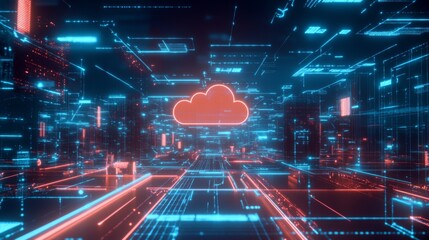 Fototapete - A cloud-based information network with interconnected devices, showing data transfer across a virtual environment.