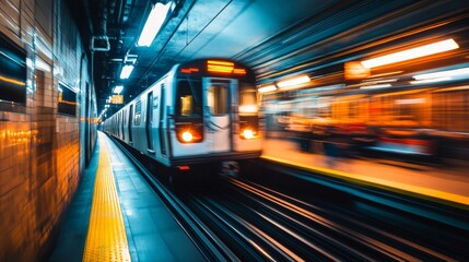 Aufkleber - A commuter train arriving at a city station during rush hour.