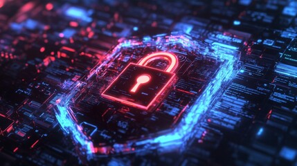 Poster - A cyber shield with a glowing lock, protecting against hacking and data breaches.