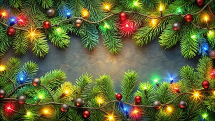 Poster - Festive Evergreen Branches Adorned with Twinkling Lights and Colorful Ornaments, Creating a Cheerful Holiday Border