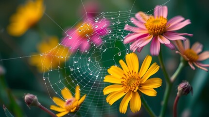 Spiderweb & Blossoms: A captivating close-up showcases a delicate spiderweb glistening with water droplets amidst a vibrant array of pink and yellow blossoms.