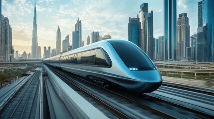 Aufkleber - A futuristic maglev train gliding smoothly above the tracks in an urban cityscape.