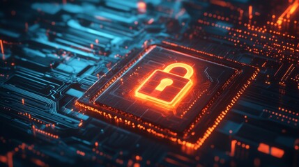 Fototapete - A glowing digital padlock icon on a futuristic screen, symbolizing secure electronic data protection.