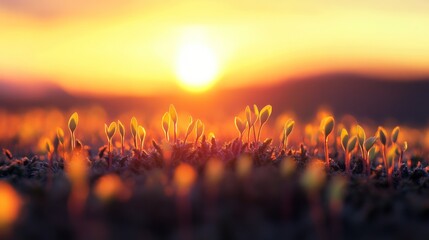 Aufkleber - A golden sunrise over a field of newly sprouted seedlings, capturing the essence of hope and renewal.