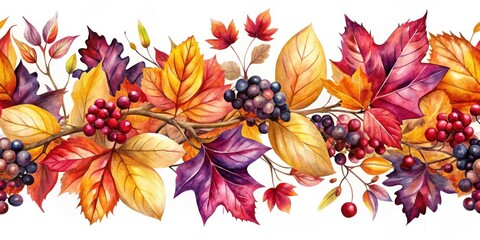 Poster - Autumnal Watercolor Branch with Vivid Leaves and Berries