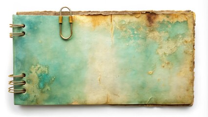 Poster - A vintage spiral bound journal with a green cover and a worn, aged appearance, with a single paperclip