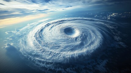 Poster - A large cyclone over the ocean, with a clear view of the swirling vortex and strong winds forming on the waters surface.