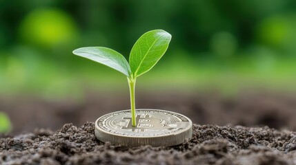 Poster - A seedling sprouts from a coin lying on the ground, embodying green investment, financial growth concepts, and the notion of rising money to invest