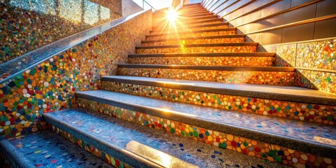 Leinwandbilder - Stone Steps Glimmering in the Sunlight, Creating a Pathway of Colorful Mosaic Tiles
