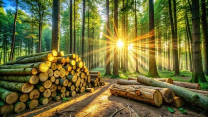Aufkleber - Golden rays of sunshine pierce through the dense canopy of a forest, illuminating a pile of freshly cut logs, a reminder of the delicate balance between nature's bounty and human needs.