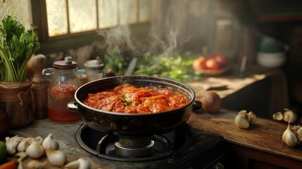 Poster - A rustic kitchen scene with freshly prepared kimchi and a pot of Korean stew on the stove.