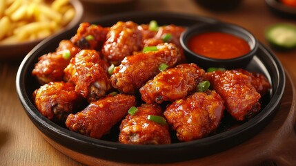 Poster - A sizzling plate of Korean fried chicken wings fresh out of the fryer, served with a tangy dipping sauce.